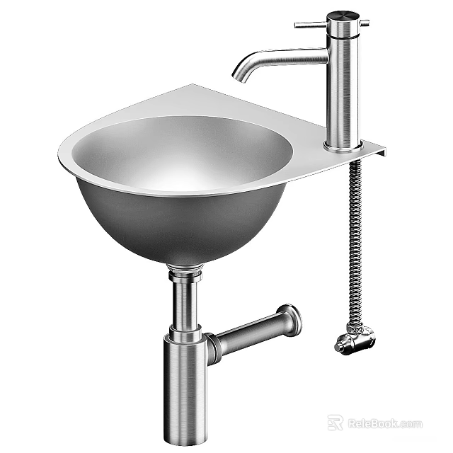 Stainless Steel Free Standing Wash Basin With Modern Faucet And Plumbing Pipes 3d model 