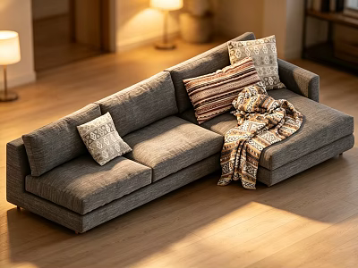 Gray Sectional Sofa with Throw Pillows and Blanket in Cozy Living Room 3d model