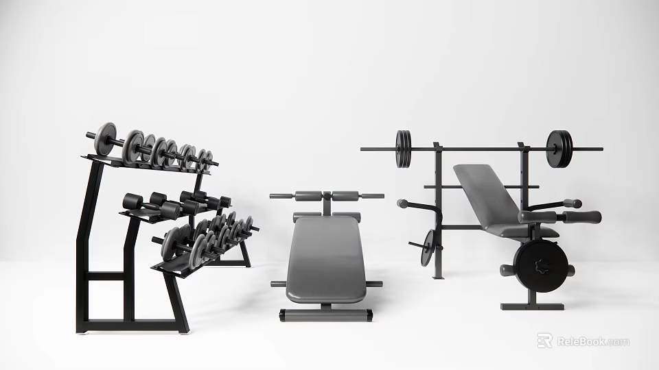 Home Gym Sports Equipment Set Including Dumbbells Barbell And Weight Bench 3d model 