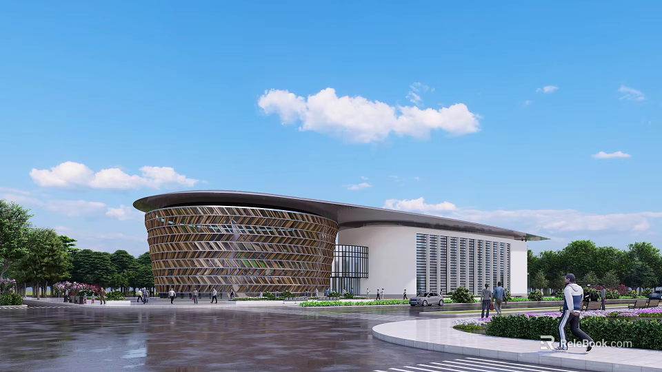 Modern Library Building With Hexagonal Facade Large Windows And White Exterior Design 3d model 