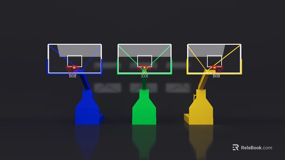 Colorful Sports Equipment Three Basketball Hoops with Blue Green Yellow Backboards and Bases 3d model 
