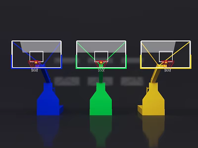 Colorful Sports Equipment Three Basketball Hoops with Blue Green Yellow Backboards and Bases 3d model