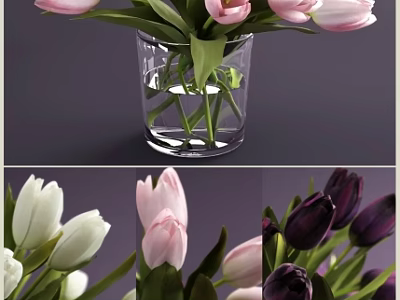 Transparent Glass Vase With Pink White Purple Tulips And Green Leaves 3d model