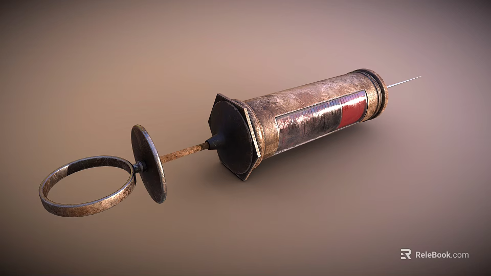 Old Rusty Metal Syringe With Red Stripe And Surface Graduations Details 3d model 