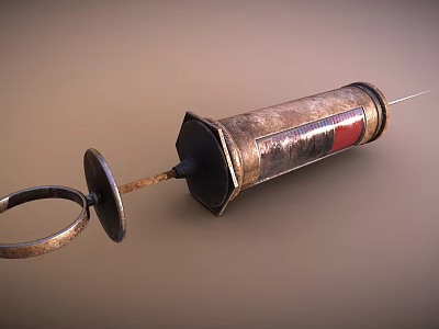 Old Rusty Metal Syringe With Red Stripe And Surface Graduations Details 3d model