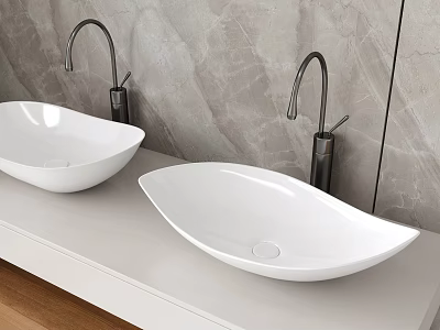 Modern Double White Countertop Washbasins With Black Faucets And Marble Wall 3d model