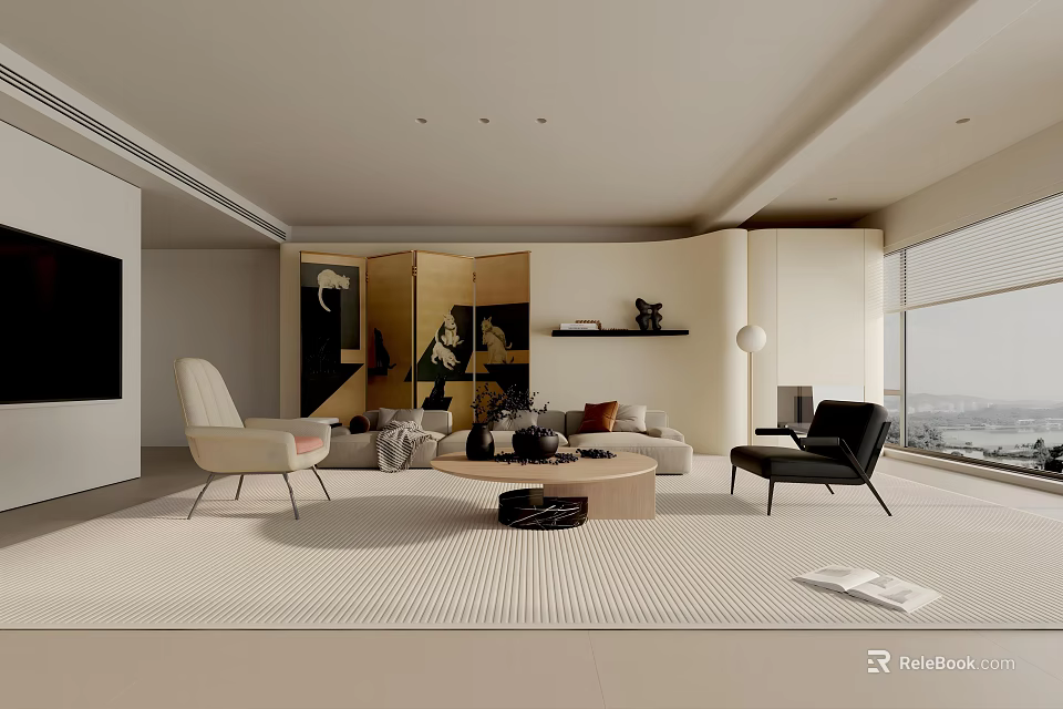 Modern Living Room Interior With Sofa Accent Chairs Decorative Art And Floor to Ceiling Windows 3d model 
