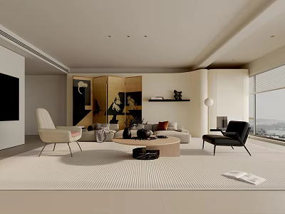 Modern Living Room Interior With Sofa Accent Chairs Decorative Art And Floor to Ceiling Windows 3d model