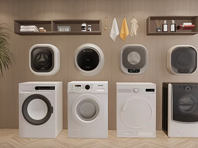 Modern Washing Machines Different Styles In Home Interior With Storage Shelves And Towels 3d model