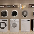 Modern Washing Machines Different Styles In Home Interior With Storage Shelves And Towels