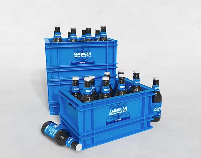 Blue Stacked Plastic Crates Filled With Ambient Labeled Beer Bottles And Scattered Ones 3d model