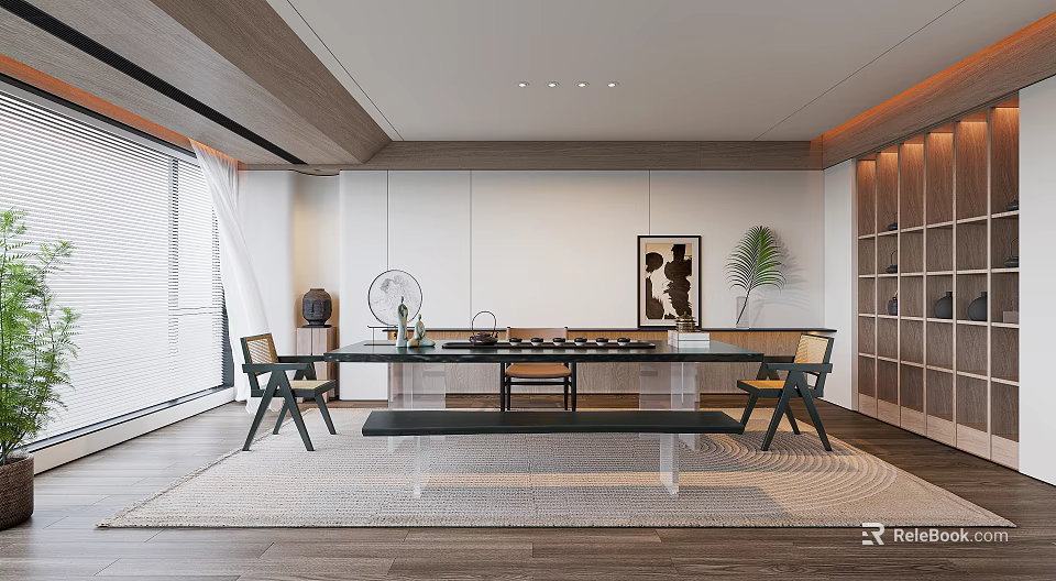 Modern Tea Room Design With Long Table Chairs Tea Set Decorative Painting And Plant 3d model 