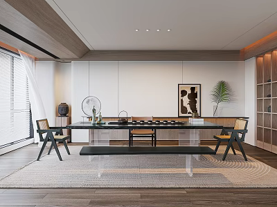 Modern Tea Room Design With Long Table Chairs Tea Set Decorative Painting And Plant 3d model