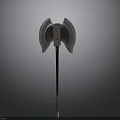 Double Headed Battle Axe With Metal Blades Wooden Handle And Red Gemstone