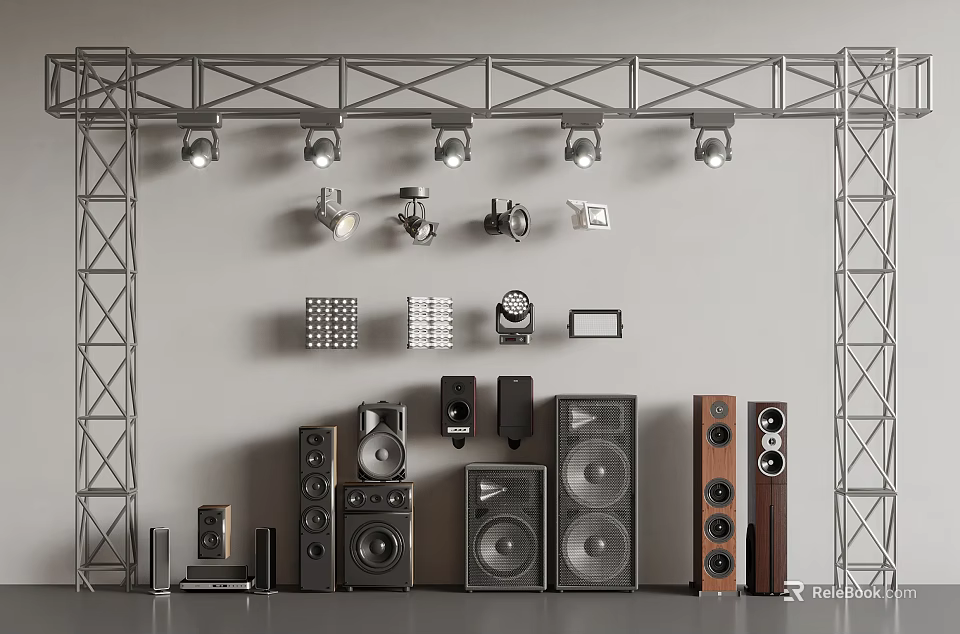 Various Audio Speakers And Lighting Fixtures Display Setup With Metal Truss Equipment 3d model 