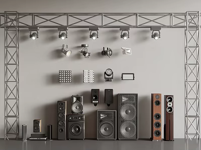 Various Audio Speakers And Lighting Fixtures Display Setup With Metal Truss Equipment 3d model