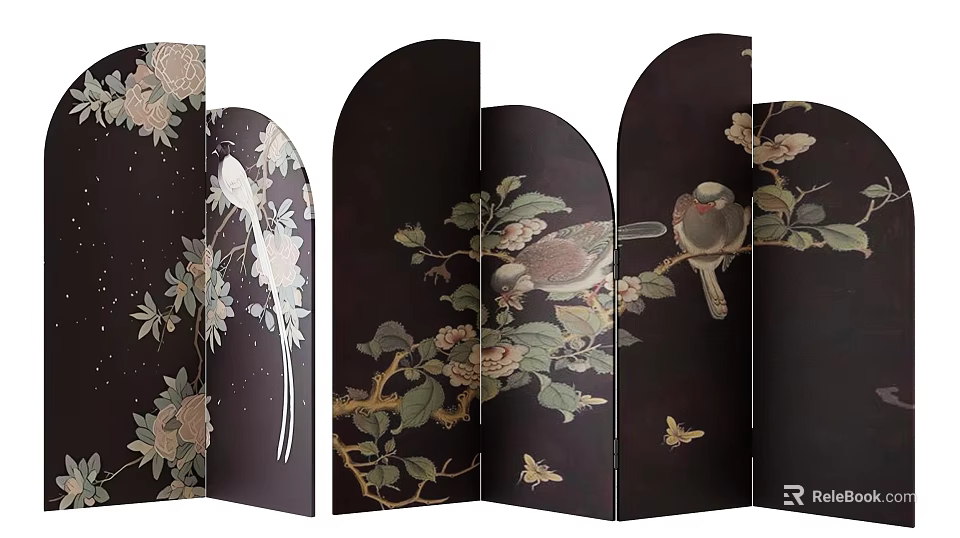 Oriental Folding Screen Adorned With Floral Bird And Butterfly Patterns 3d model