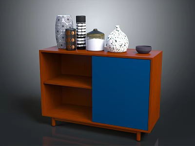 Wooden Console Cabinet With Blue Door Open Shelves Decorative Vases And Small Bowl On Top 3d model