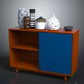 Wooden Console Cabinet With Blue Door Open Shelves Decorative Vases And Small Bowl On Top