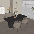 Modern Dark Dining Table Set With Four Light Gray Chairs Fruit Bowl And Vase
