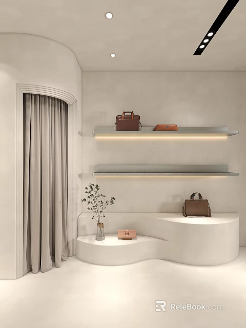 Modern Bag Boutique With Light Colored Wall Curved Curtain Shelves Display Stand And Bags 3d model 