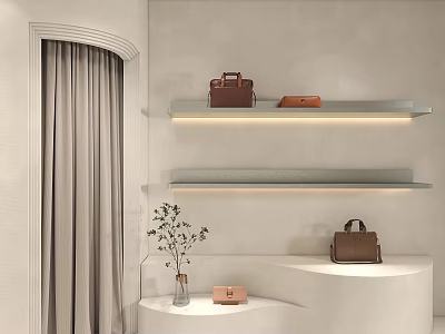 Modern Bag Boutique With Light Colored Wall Curved Curtain Shelves Display Stand And Bags 3d model