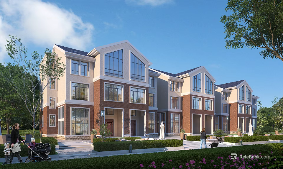 Modern Townhouse Exterior Design With Brick And Beige Facade Green Lawns And Trees 3d model 