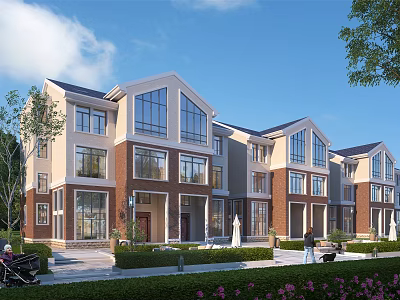 Modern Townhouse Exterior Design With Brick And Beige Facade Green Lawns And Trees 3d model