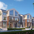 Modern Townhouse Exterior Design With Brick And Beige Facade Green Lawns And Trees