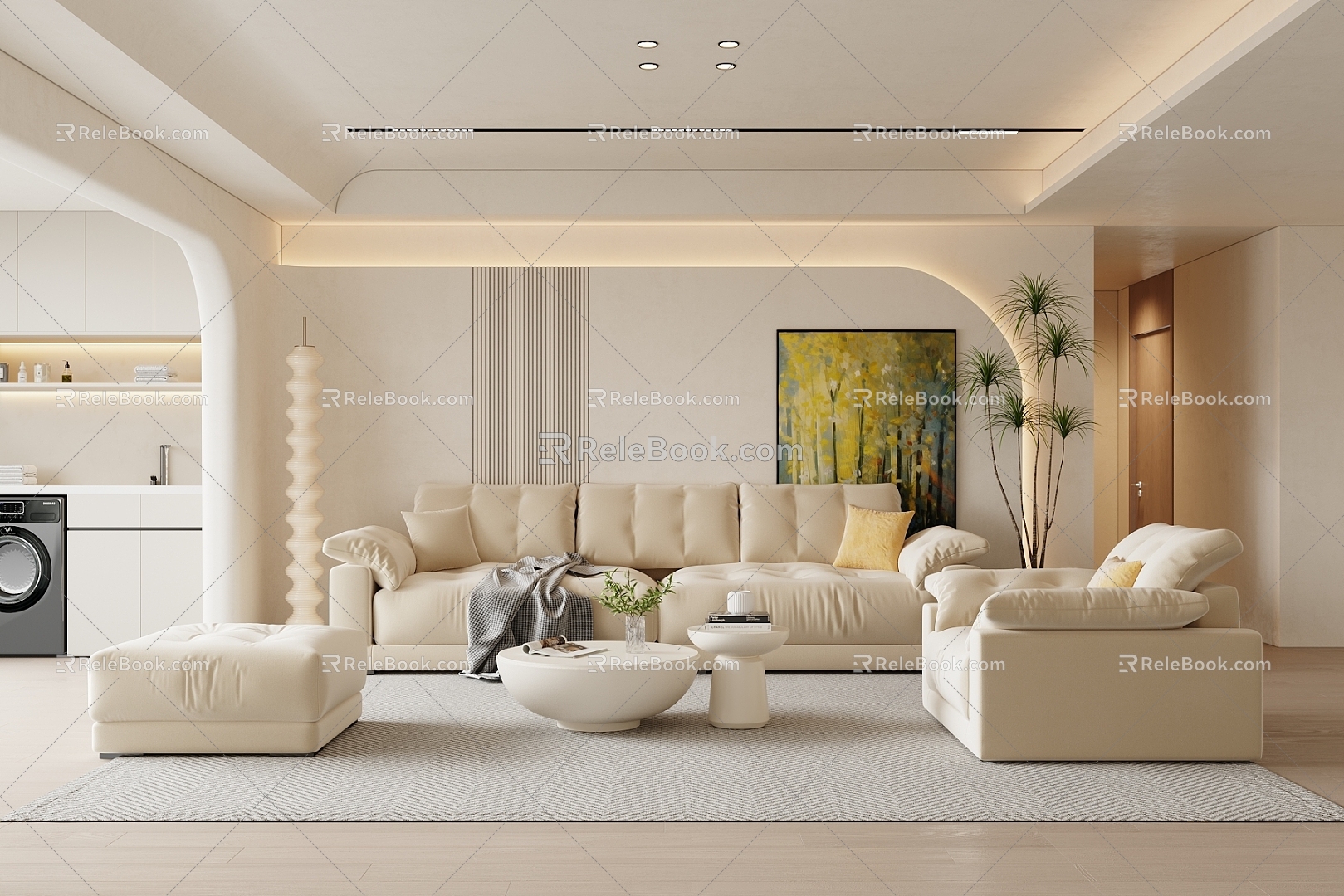 Modern cream style living room sofa coffee table combination 3d model