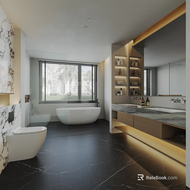 Modern Luxury Bathroom Interior With Marble Walls Bathtub Vanity Mirror And Storage Shelves 3d model 