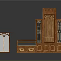 Traditional Wooden Display Cabinet Set With Arched Glass Doors Carved Details And Blue Cushion Drawers