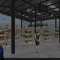 Spacious Open Market Interior With Rows Of Shelves Hanging Signs And People Shopping