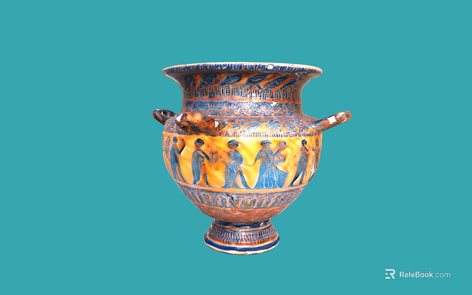 Blue and Orange Ceramic Vessel Decorated with Figure Patterns and Two Handles 3d model 
