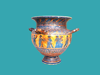 Blue and Orange Ceramic Vessel Decorated with Figure Patterns and Two Handles 3d model
