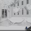 Modern Outdoor Chair with Wavy Metal Design in Park Area Featuring Trees and Buildings