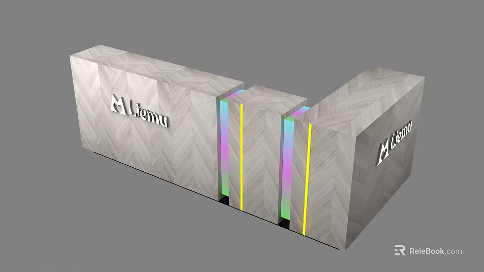 Modern Reception Desk With Mignu Logo Herringbone Pattern And Colorful LED Strips 3d model