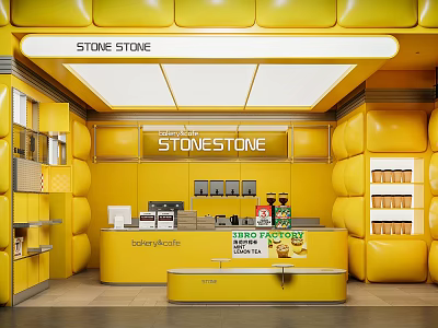 Stone Stone Bubble Tea Shop With Bright Yellow Interior Counter And 3d model