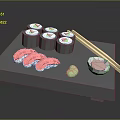 Delicious Sushi Rolls and Sashimi Slices with Chopsticks Soy Sauce and Wasabi