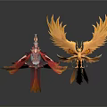 Mythical Character In Red And Gold Attire Sitting With Golden Phoenix Figure