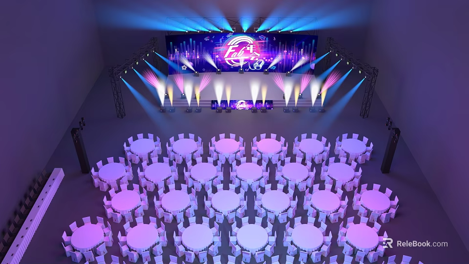 Elegant Ballroom Interior With Stage Lighting Round Tables And Decorative Seating 3d model