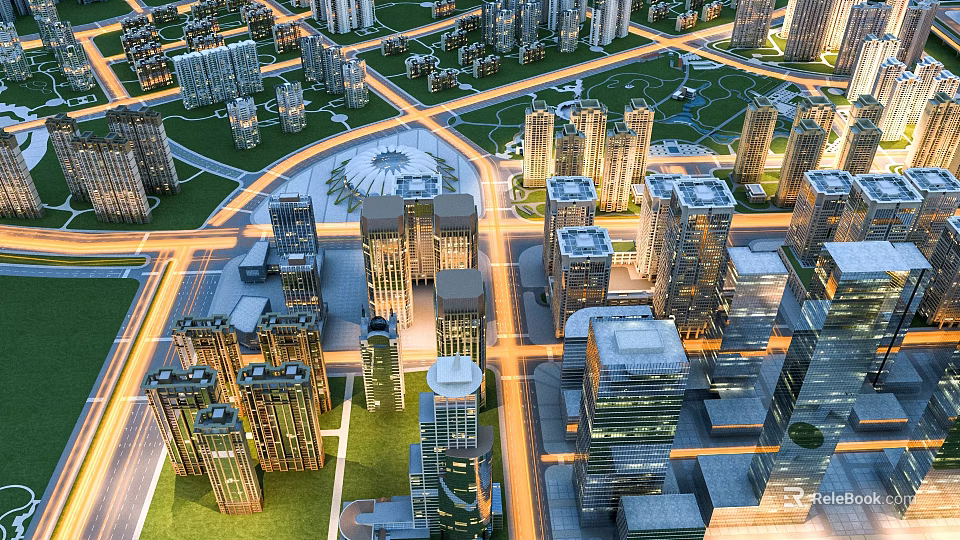 Aerial View of Modern Cityscape With Skyscrapers Intersecting Roads and Green Parks 3d model 