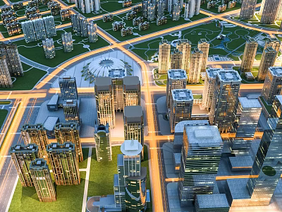 Aerial View of Modern Cityscape With Skyscrapers Intersecting Roads and Green Parks 3d model