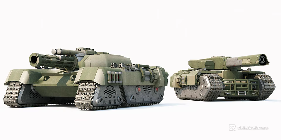 Two Green Military Tanks With Large Cannons Heavy Tracks And Armor 3d model 