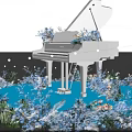 Floral Decoration Display With White Piano Surrounded By Blue Flowers And Starry Backdrop