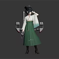 Anime Character With Black Hair Bun White Top Green Long Skirt And Dual Blades