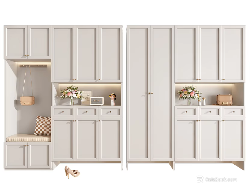 Modern White Shoe Cabinet With Storage Bench Decorative Items And Lighting 3d model