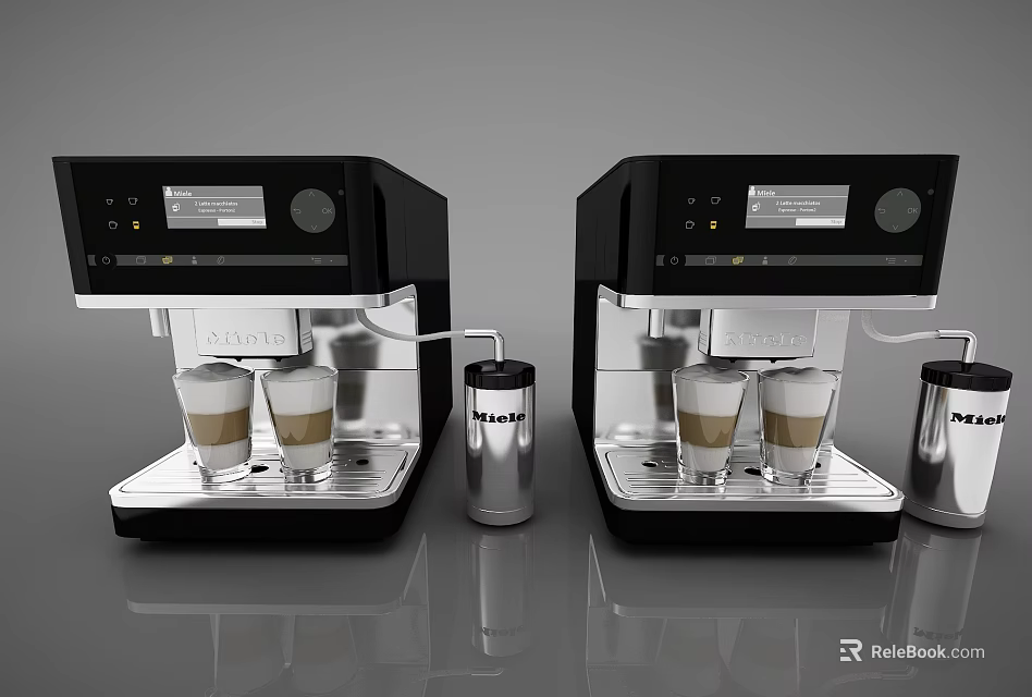 Modern Kitchen Appliances Dual Coffee Machines With Coffee Cups And Milk Frother 3d model 