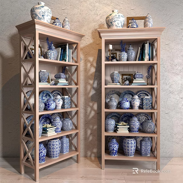 Light Wooden Display Shelves With Blue And White Porcelain Books And Decorative Items 3d model 