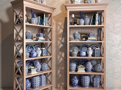 Light Wooden Display Shelves With Blue And White Porcelain Books And Decorative Items 3d model